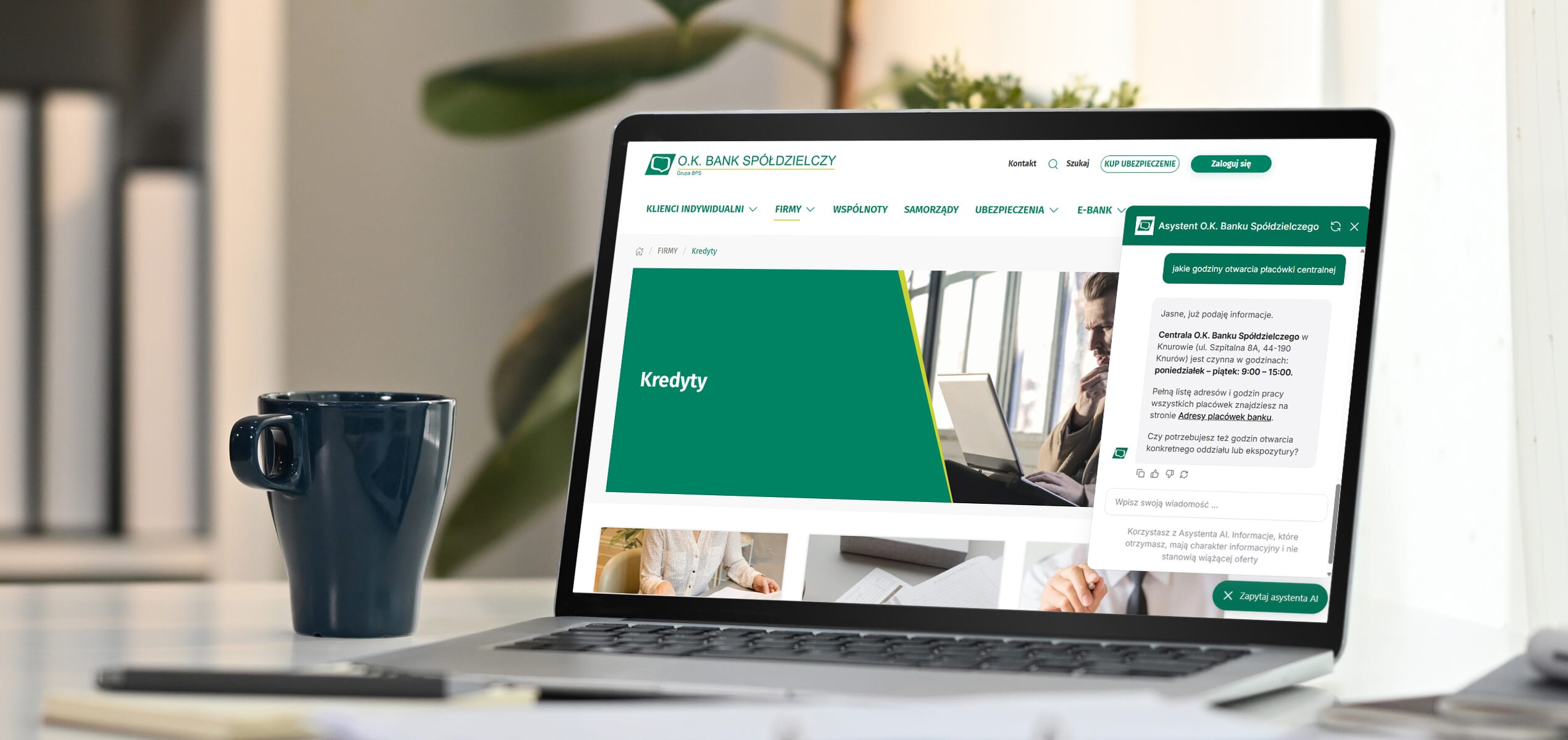 Nowoczesny Chatbot AI w O.K. Banku Spółdzielczym na laptopie
